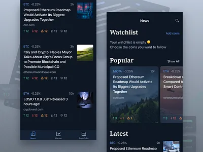 Crypto News App app bitcoin card coin crypto cryptocurrency dark feed ios news ui ux