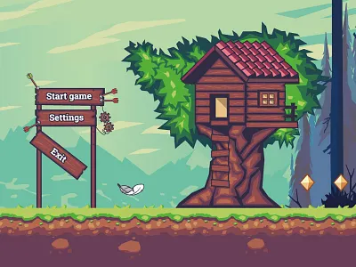 Kekstone. Main menu art game house tree arrow illustration menu platformer unity