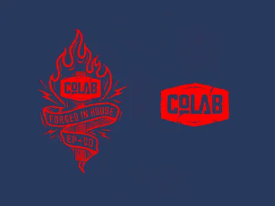 Badge Design for CoLAB badge badgedesign banner design fire forged hammer logo woodcut