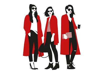 Women Red Coat black coat fashion fashion illustration flat lips red red lips sunglasses women
