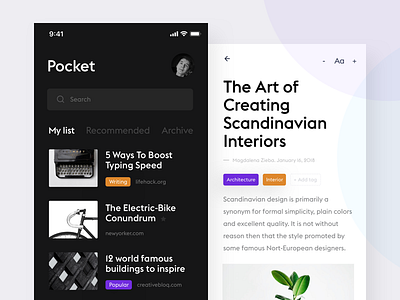 Reading App app ios iphone articles black clean design ui ux flat minimal news reader product design white