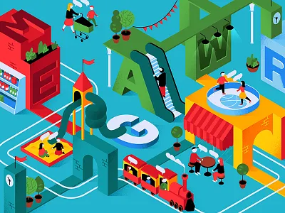 Mega illustration cafe characters city isometric isometry labyrinth letters place playground town train world