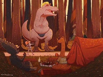 Excuse me, Miss! alperbaydemir artwork camping coverart dinosaur fantasy forest illustration nature