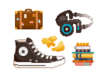 Pixel Equipment02 art books chips chucks headphones pixel suitcase