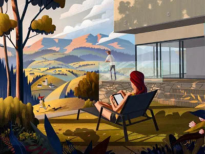 Illustration for a website architecture children clouds family garden house illustration mountains parents scenery sunset trees