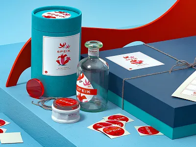 3D stills for a print shop - image 4 3d blue bottle box cream glass plastic red shapes stickers still visualisation