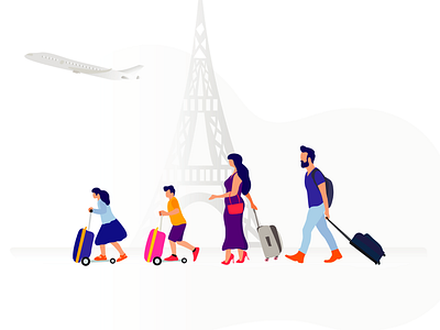 Travel to Paris bags eiffel tower family illustration paris plane travel vacation