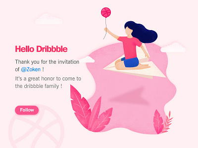 Hello, Dribbblers ! dribbble fly girl hello illustration paper pink plane plant