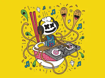Ramen Illustration for Cheu Noodle Bar colorful dj food illustration music noodles philadelphia philly poster design ramen restaurant sixers