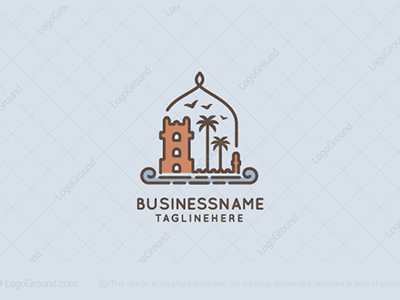 Castle And Sea Logo birds castle citadel design historic logo logo design palm tree sea seaside trees