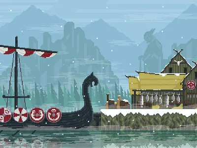Viking Dock art boat dock pixel pixelart ship viking village