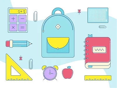 Back to School children colorful flat icon illustration outline school stroke