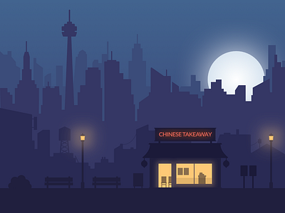 Late Night Takeaway building city cityscape dark flat illustration night restaurant skyscraper street takeaway town