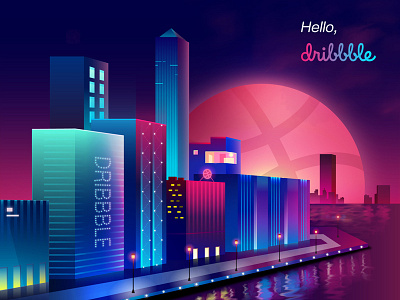 Hello Dribbble ! ball build hello dribbble illustration light night sun