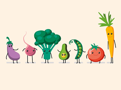 vegetables avocado broccoli carrot character eggplant flat illustration peas radish tomato vegetables