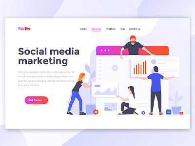 Social Media Marketing Landing page header business creative illustration isometric landing man page people teamwork template web woman