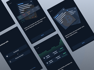 Onboarding for Crypto News App app bitcoin card coin crypto cryptocurrency dark ios login onboarding sign up ui
