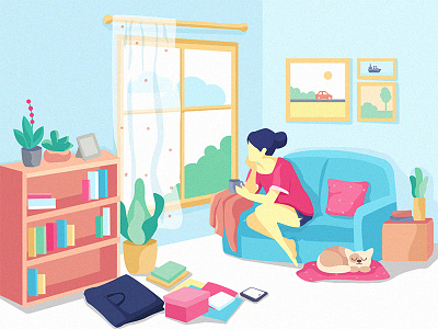 Sweet Serene Afternoon books cat character design education girl graphic illustration plants reading window