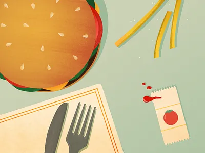 Burger with fries burger chips food fork fries ixdbelfast junk ketchup knife red sauce tomato