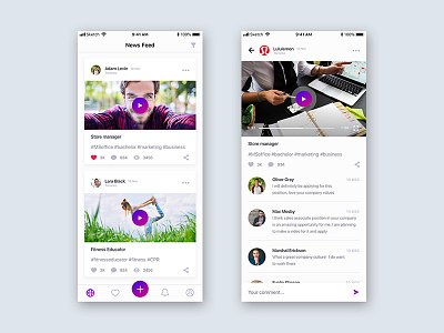 Newsfeed and Video page for an employment-oriented IOS app app design ios application video application design comments employment platform ios ios app job platform job search newsfeed