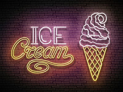 Ice Cream Neon Poster, 100% Vector Art 3d advertisement banner cafe food ice cream neon poster retro signboard vector