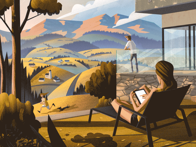 Scrolling animation architecture family garden gif house illustration loop mountains parents scenery trees
