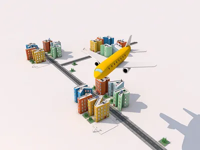 Plane on a City c4d city colorful letters plane road wip