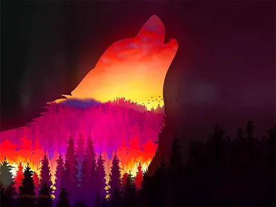 The Wolf colourful digital art illustration forest leaves nature photoshop wolf