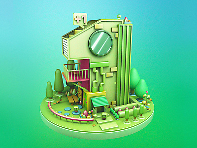 C4D practice c4d garden green house one tree yard