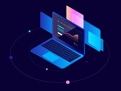 Analytics analytics blockchain glow gradient isometric landing laptop