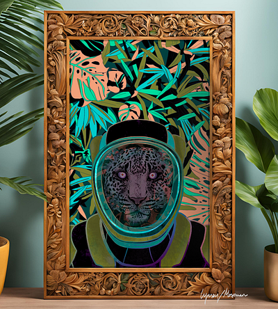 Techno Jungle astronaut digital art digital painting fluorescent illustration jungle leopard vibrant