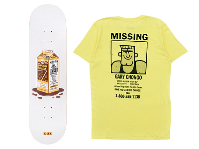 'Chocolate Splash' Skateboard & 'Missing Flyer' Tee chocolate milk graphic illustration lettering merch milk carton missing ad skateboard skateboarding t shirt typography