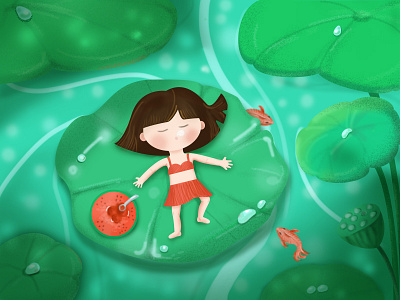 大暑 girl illustration lake leaf lotus summer watermelon