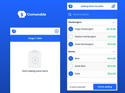 App Interface for Restaurant Order Taking adding items adding to order app blue coke comandde food order mobile order restaurant ui white
