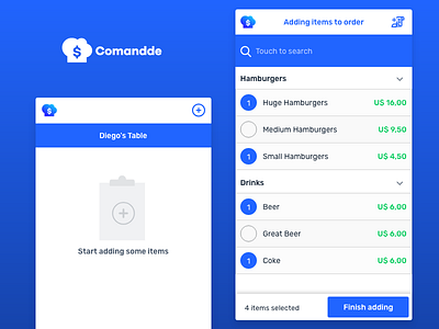 App Interface for Restaurant Order Taking adding items adding to order app blue coke comandde food order mobile order restaurant ui white