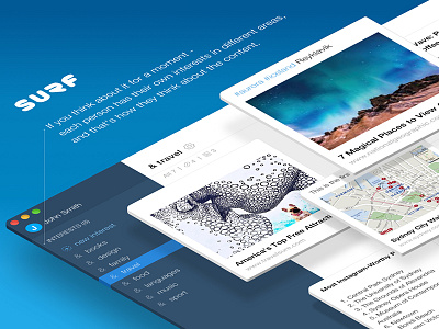 Surf Desktop App app desktop features hashtags illustration interests links logo notes sketch