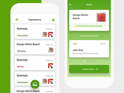 PaperKarma - Home & Unsubscribe cards color green paperkarma simple ui ux
