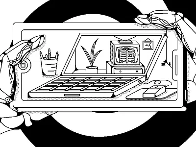 Screenception computer illustration iphone robot spiral television tv