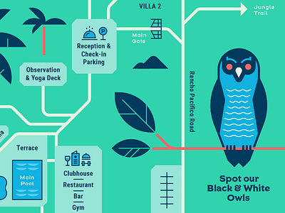 Rancho Pacifico map pt. II icons leaf map mountain owl palm pool resort travel tree vacation wildlife