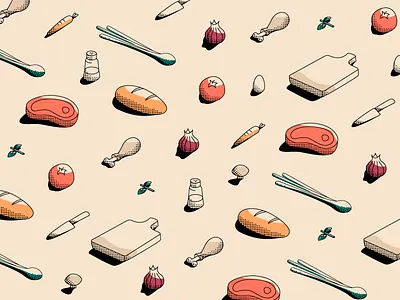 Kitchen pattern cooking green kitchen meat orange pattern red restaurant vegetables