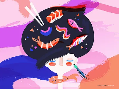 Sushi Dreams brush brushes chopsticks color colorful dreaming dreams fish hair illustration sushi swirl texture whimsical