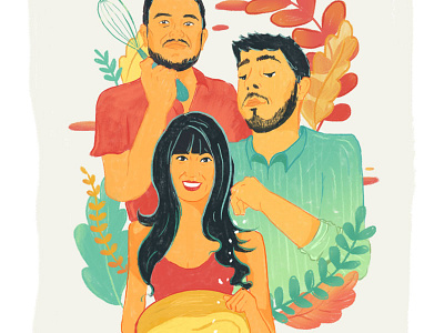 Portrait commissioned for the creators of a waffle house baking cooking faces gradients organic partners people portrait reds teals teamwork