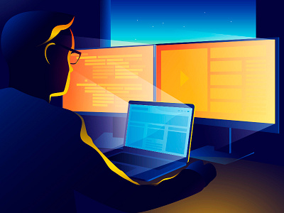 Workplace computer glass job laptop man night orange programmer work