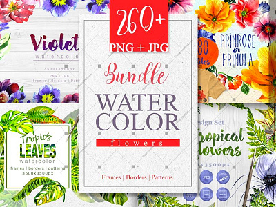 Bundle watercolor flowers 4 products, 260 files bundle sale tropical violet watercolopng watercolor