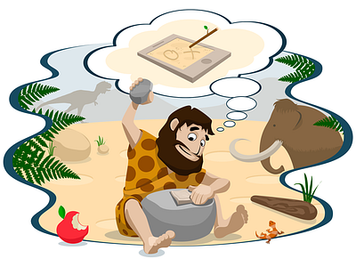 Caveman and Man-from-the-future: Part 1 apple bubble caveman dinosaur flat goal illustration iphone mammoth neanderthal stone think