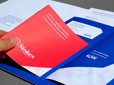 Stokes Economics - boolet, leaflet, cards and sheets bespoke blue booklet business cards custom design folder leaflet logo pms red wordmark