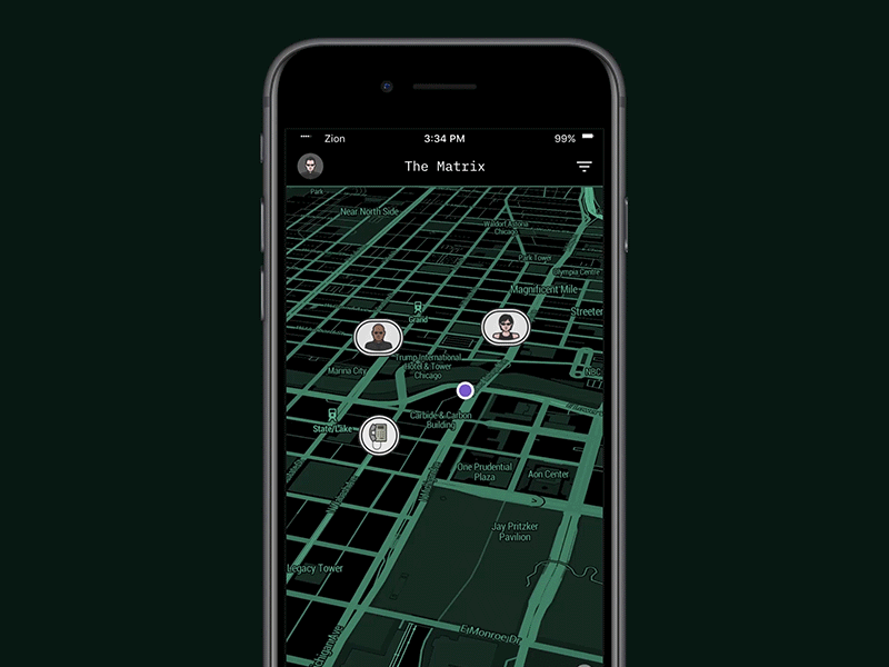 Prototyping the Matrix dark dribbble flat framer location map maps matrix neo prototype shot uxui