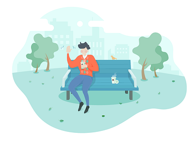 Bye, my coffee partner bench bird buildings bye cancellation cloud coffee illustration leaves man sitting tree