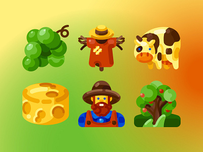 Farm cheese cow farm farmer flat icon grape icon scarecrow tree vector