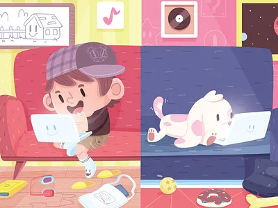 Long distance relationship animal character cute dog environment illustration